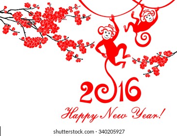 Happy new year 2016. Year Of The Monkey. Celebration background with Red Plum flowers, monkey and place for your text. Vector Illustration