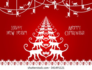 Happy new year 2016. Year Of The Monkey. Celebration red background with monkey tree, Christmas tree, place for text.