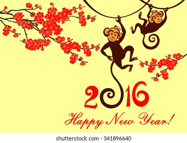 Happy new year 2016. Year Of The Monkey. Celebration yellow background with Red Plum flowers, brown monkey and place for your text. Vector Illustration