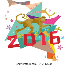 Happy New Year 2016 Year of  the Monkey  Origami Abstract Background, illustration  