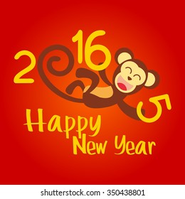 Happy New Year 2016 with Monkey Vector Flat Design Illustration. Great for Greeting Card, Print Materials, Posters. Cute and Beautiful. 