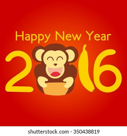 Happy New Year 2016 with Monkey Vector Flat Design Illustration. Great for Greeting Card, Print Materials, Posters. Cute and Beautiful. 