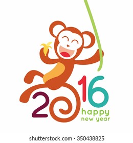 Happy New Year 2016 with Monkey Vector Flat Design Illustration. Great for Greeting Card, Print Materials, Posters. Cute and Beautiful. 