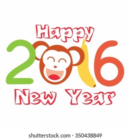 Happy New Year 2016 with Monkey Vector Flat Design Illustration. Great for Greeting Card, Print Materials, Posters. Cute and Beautiful. 