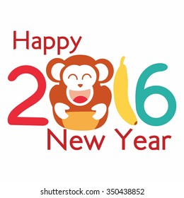 Happy New Year 2016 with Monkey Vector Flat Design Illustration. Great for Greeting Card, Print Materials, Posters. Cute and Beautiful. 