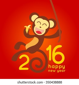 Happy New Year 2016 with Monkey Vector Flat Design Illustration. Great for Greeting Card, Print Materials, Posters. Cute and Beautiful. 