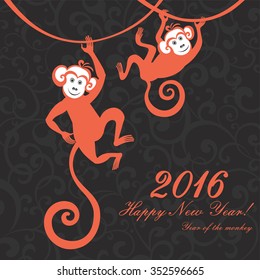 Happy new year 2016. Year Of The Monkey. Vector Illustration