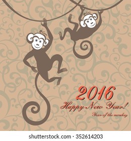 Happy new year 2016. Year Of The Monkey. Vector Illustration