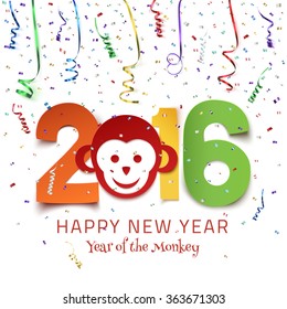 Happy New Year 2016. Year of the Monkey. Colorful paper type on background with ribbons and confetti on white. Greeting card template. Vector illustration.