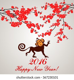 Happy new year 2016. Year Of The Monkey. Celebration silver background with Red Plum flowers, brown monkey and place for your text. Vector Illustration
