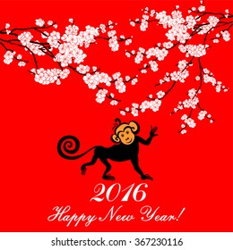 Happy new year 2016. Year Of The Monkey. Celebration red background with white flowers, monkey and place for your text. Vector Illustration