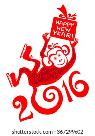 Happy new year 2016. Year Of The Monkey. Celebration background with red monkey, gift boxes and place for your text. vector illustration