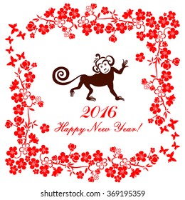 Happy new year 2016. Year Of The Monkey. Celebration background with Red Plum flowers, monkey and place for your text. Vector Illustration