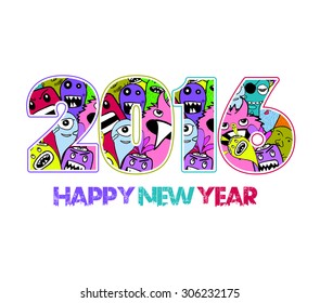 happy new year 2016 monster doodle background