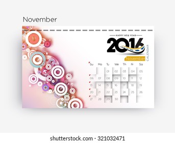 Happy new year 2016 November calendar design.