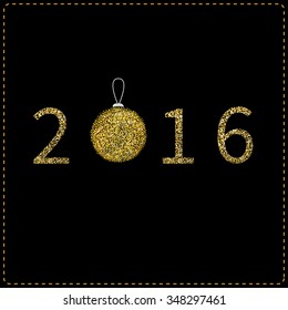 Happy New year 2016. Numbers and Christmas ball tree toy Greeting card Black background Vector illustration
