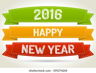 Happy new year 2016 on three different color ribbon with shadow on light background.