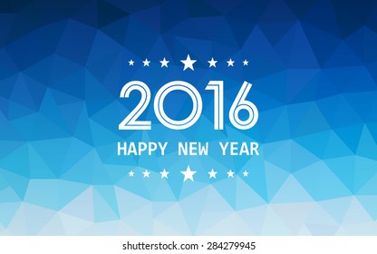 happy new year 2016 on gradient blue of triangle polygon pattern background (vector)