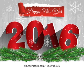 Happy New Year 2016 on a wooden table with snow. Vector EPS 10
