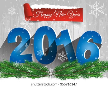 Happy New Year 2016 on a wooden table with snow. Vector EPS 10