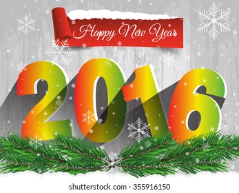 Happy New Year 2016 on a wooden table with snow. Vector EPS 10