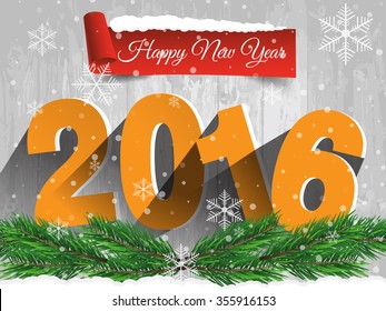 Happy New Year 2016 on a wooden table with snow. Vector EPS 10