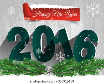 Happy New Year 2016 on a wooden table with snow. Vector EPS 10