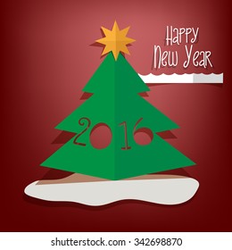 Happy New Year 2016 paper tree design greeting card - vector illustration. Red background.