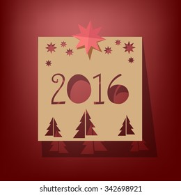 Happy New Year 2016 - paper cut out design greeting card, vector illustration. Red background.