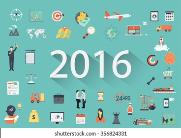 Happy New Year 2016 paper text with long shadow and business flat icons. Banner tamplate