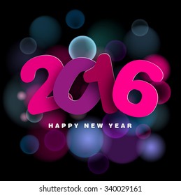 Happy New Year 2016 in papercut style text, vector illustration on blurred background