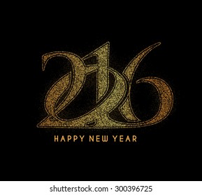 Happy New Year 2016 Particles Golden Text on Back Background.