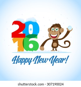 Happy New Year 2016. New Year postcard with monkey and big colorful 2016 figures. New Year Card, t-shirt, banner template.