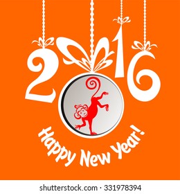 Happy new year 2016. Year Of The Red Monkey. Happy New Year greeting card. Celebration background with Christmas ball, monkey and place for your text. Vector Illustration 