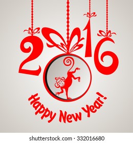 Happy new year 2016. Year Of The Red Monkey. Happy New Year greeting card. Celebration background with Christmas ball, monkey and place for your text. Vector Illustration 