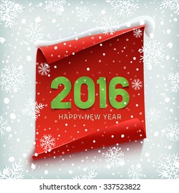 Happy New Year 2016.  Red, curved, paper banner on winter background with snow and snowflakes. Vector illustration.