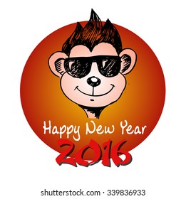 Happy new year 2016. Year Of The red Monkey. Hand drawn.Vector Illustration
