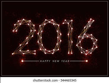 Happy new year 2016 with red Molecule Trendy alphabet fonts.