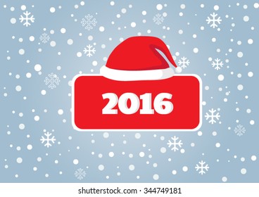 Happy New Year 2016 with red sign and Santa Claus hat on falling snow and snow flake background - Vector EPS 10