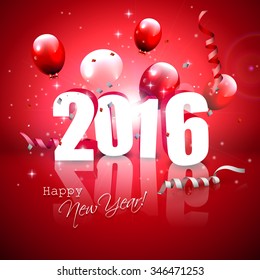 Happy New Year 2016 - red greeting card with 3D numbers and balloons