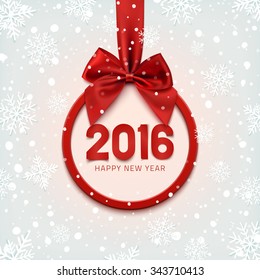 Happy New Year 2016 round banner with red ribbon and bow, on winter background with snow and snowflakes. Christmas tree decoration. Greeting card template. Vector illustration.