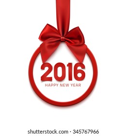 Happy New Year 2016 round banner with red ribbon and bow, isolated on white background. Christmas tree decoration. Greeting card template. Vector illustration.