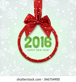 Happy New Year 2016 round banner with red ribbon and bow, on winter background with snow and snowflakes. Christmas tree decoration. Greeting card template. Vector illustration.