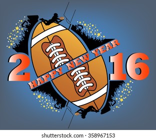 happy new year 2016 and rugby ball with American football fans