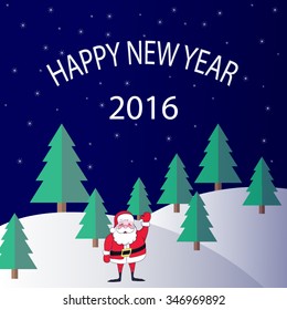 Happy New Year 2016 Santa Claus in the forest of Christmas trees. Starry night.