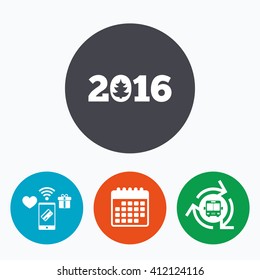 Happy new year 2016 sign icon. Calendar date. Christmas tree. Mobile payments, calendar and wifi icons. Bus shuttle.