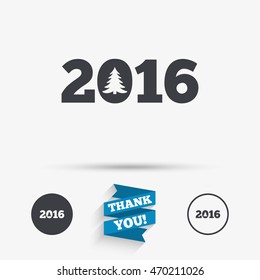 Happy new year 2016 sign icon. Calendar date. Christmas tree. Flat icons. Buttons with icons. Thank you ribbon. Vector