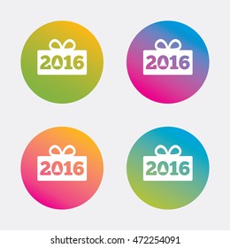 Happy new year 2016 sign icon. Christmas gift anf tree. Gradient flat buttons with icon. Modern design. Vector