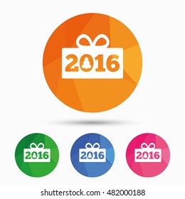 Happy new year 2016 sign icon. Christmas gift anf tree. Triangular low poly button with flat icon. Vector
