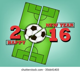 happy new year 2016 and soccer ball against the background of a football field